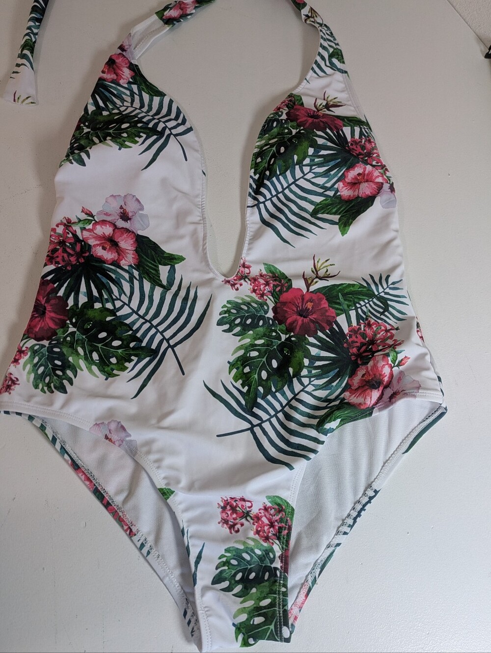 Floral Womens Swimwear Size L Halter Neck Monokini Tropical White Green Cut Out - Picture 3 of 11